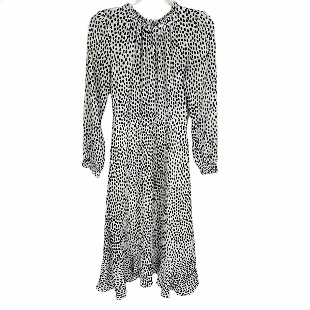 J. Crew Black White Polka Dot Ruffle Neck Long Sleeve Midi Dress